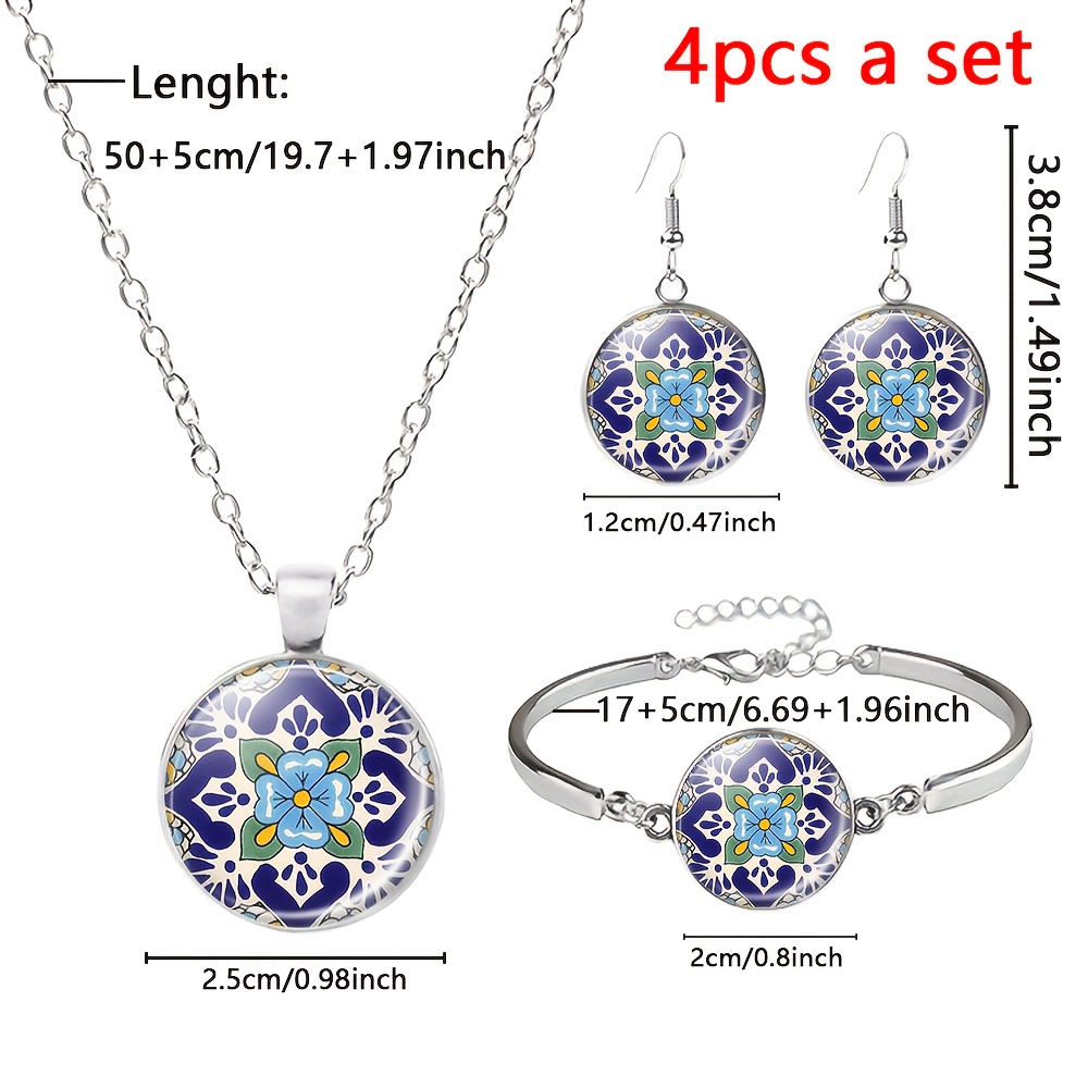4pcs Blue Flower Jewelry Set, Necklace, Bracelet, Earrings